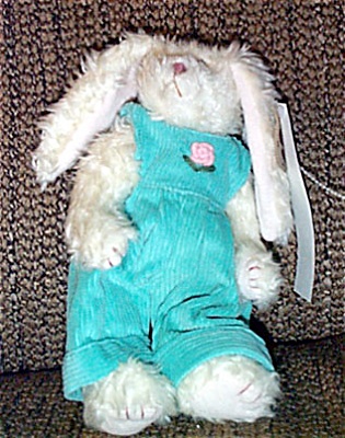 TYP0010 Ty Ivy Attic Plush White Bunny in Aqua Overalls 1998 